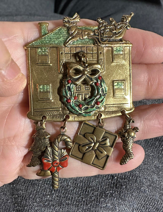 1980’s Christmas-themed House Brooch with dangling charms