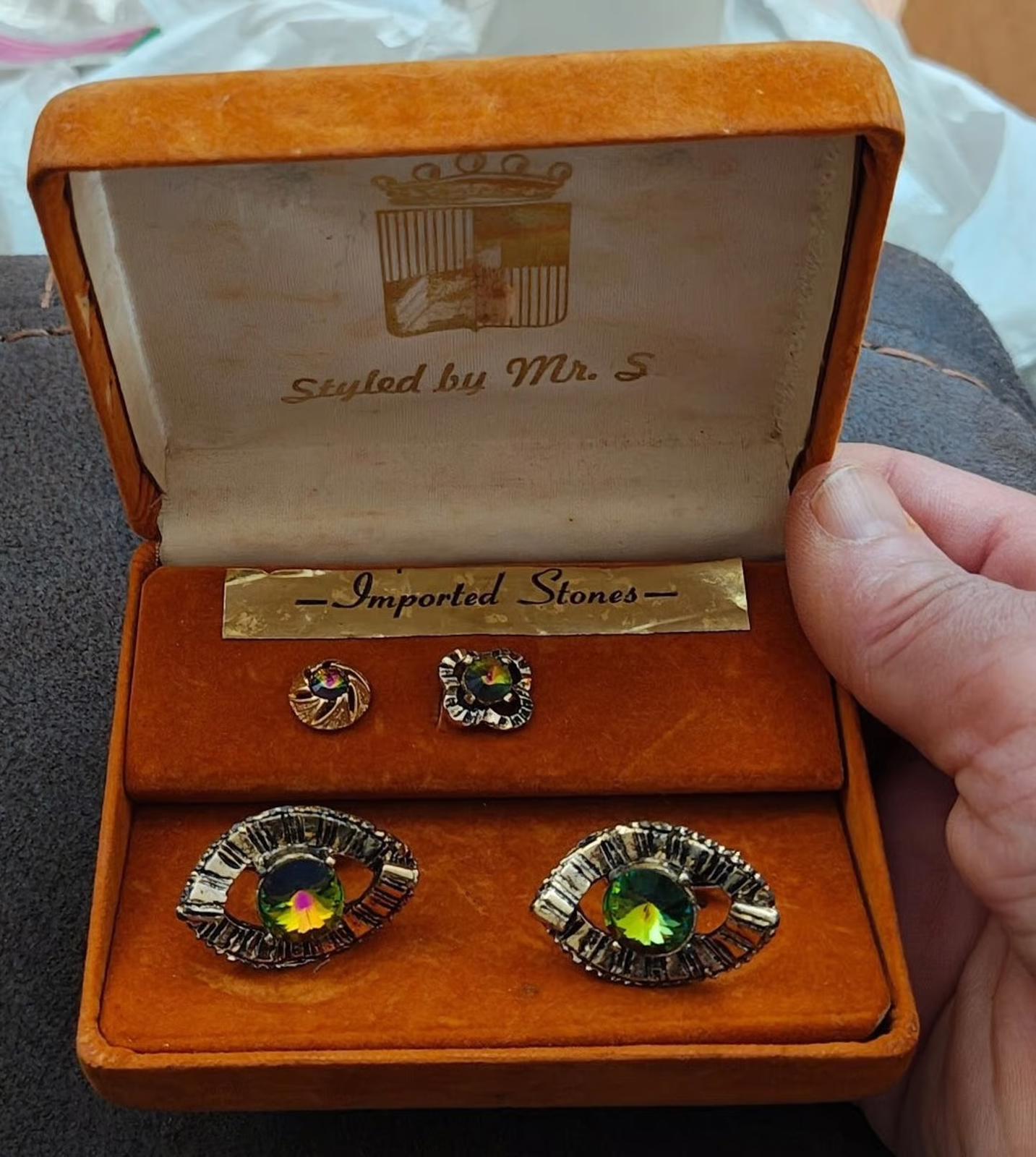 Mr. S Iridescent Watermelon Rivoli Rhinestone cufflink tie stud set