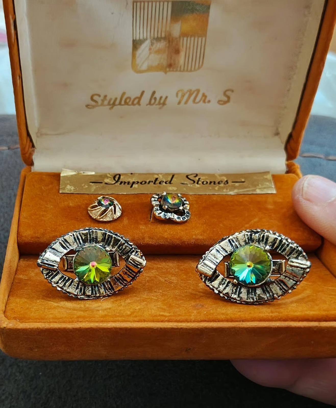 Mr. S Iridescent Watermelon Rivoli Rhinestone cufflink tie stud set