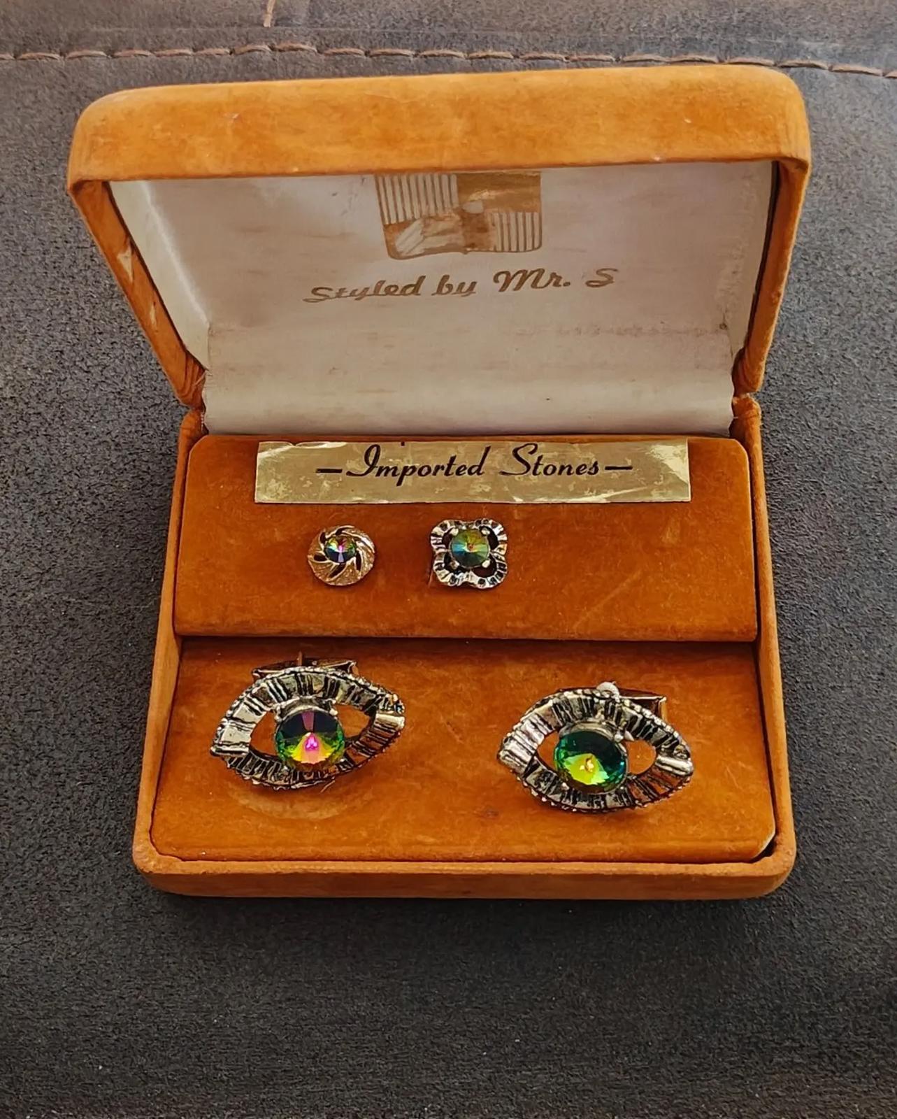 Mr. S Iridescent Watermelon Rivoli Rhinestone cufflink tie stud set