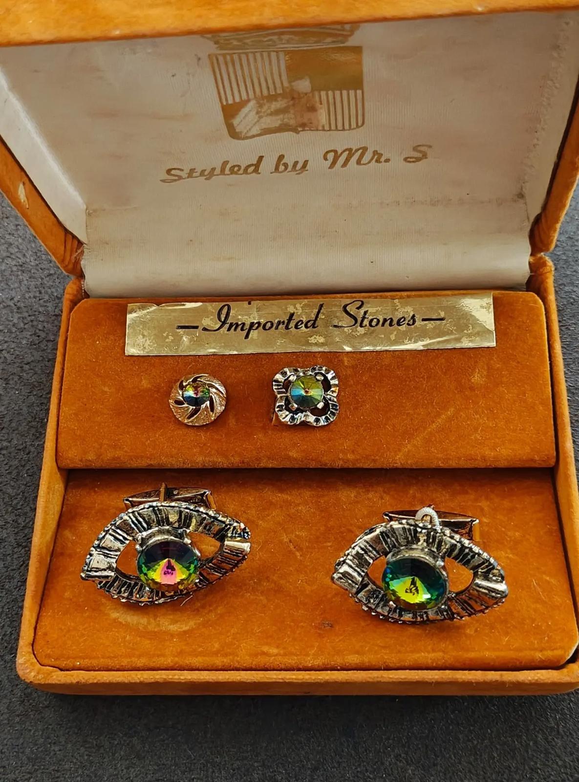 Mr. S Iridescent Watermelon Rivoli Rhinestone cufflink tie stud set