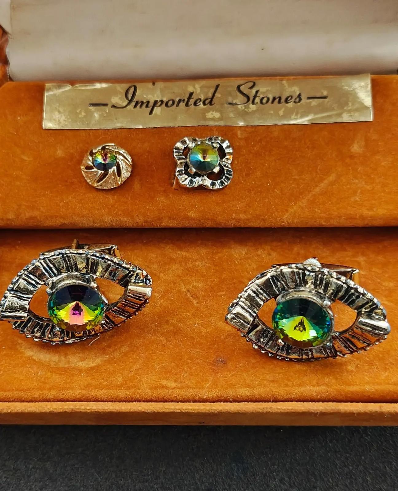 Mr. S Iridescent Watermelon Rivoli Rhinestone cufflink tie stud set