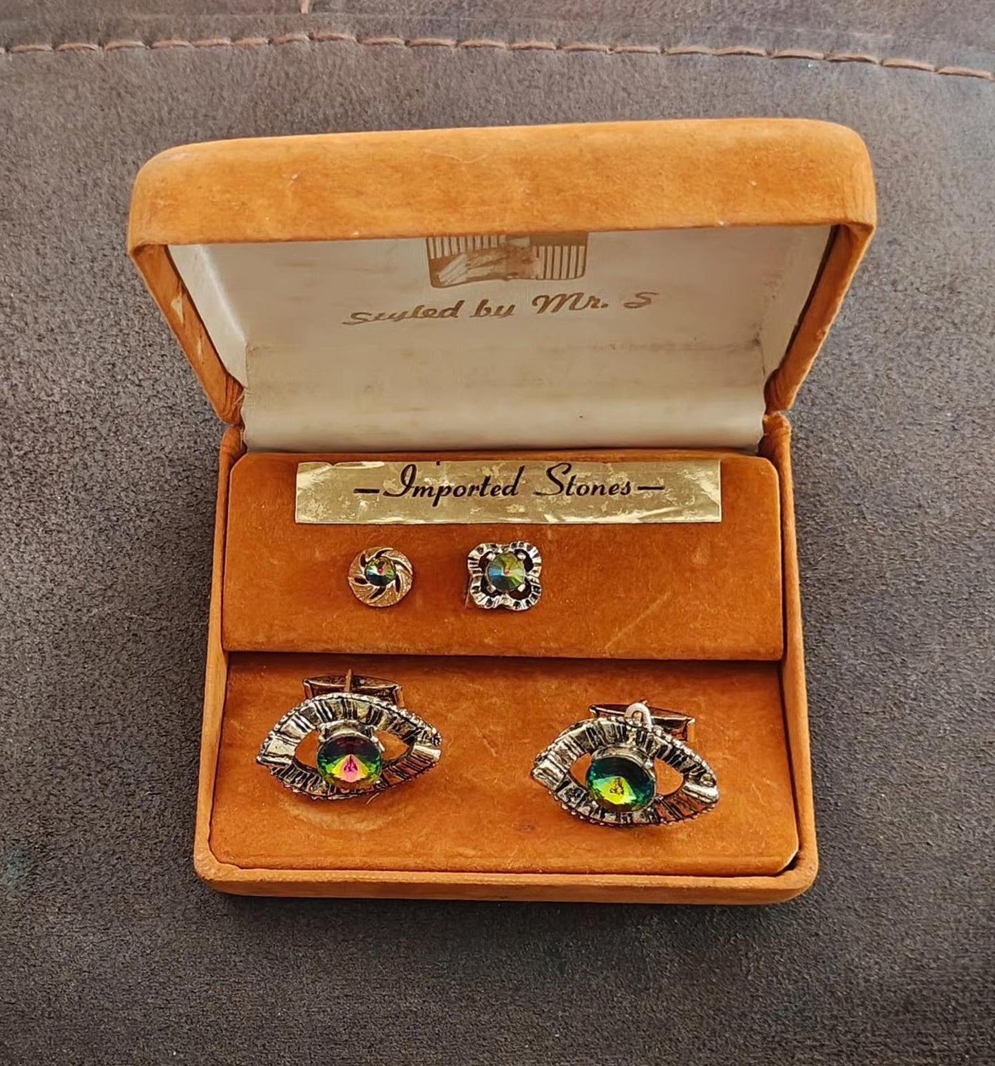 Mr. S Iridescent Watermelon Rivoli Rhinestone cufflink tie stud set