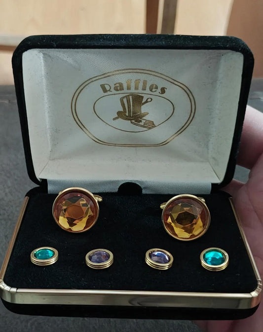 1960/70’s Raffles Cufflinks & shirt studs set Gold Tone with faceted colored stones