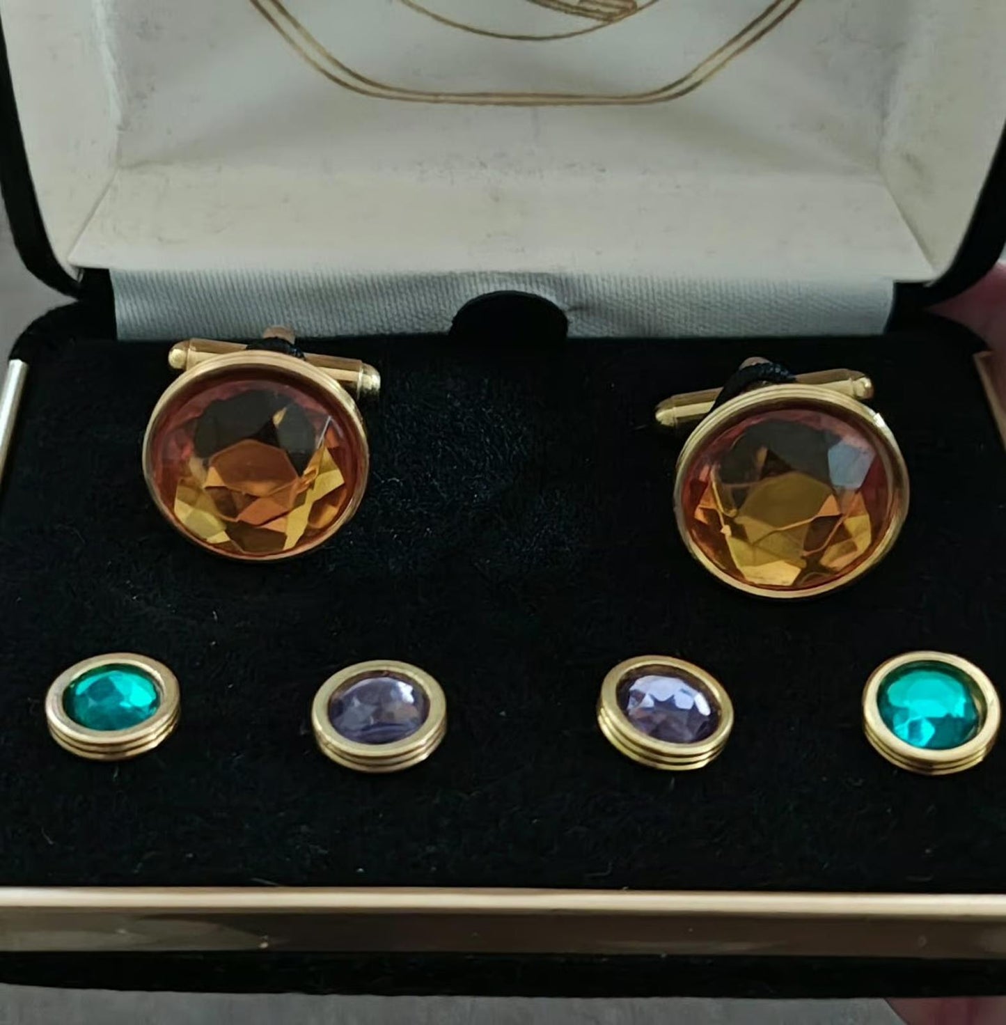 1960/70’s Raffles Cufflinks & shirt studs set Gold Tone with faceted colored stones