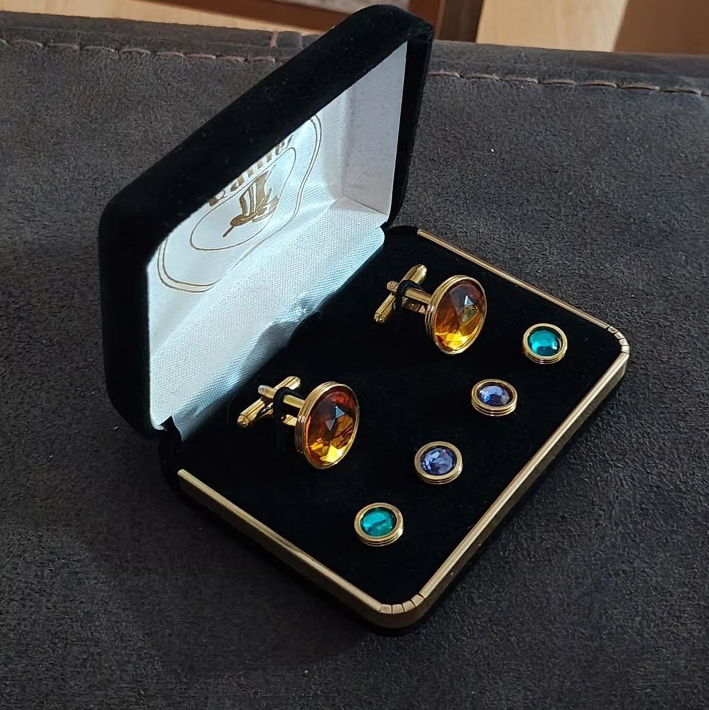 1960/70’s Raffles Cufflinks & shirt studs set Gold Tone with faceted colored stones