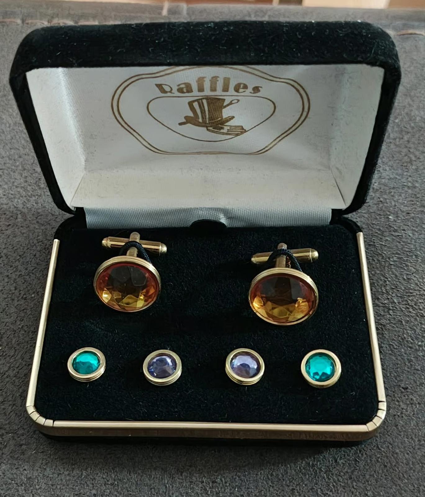 1960/70’s Raffles Cufflinks & shirt studs set Gold Tone with faceted colored stones