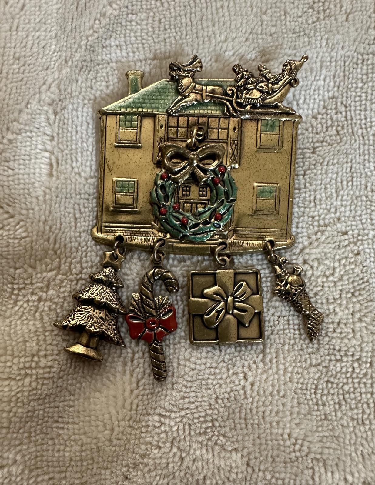 1980’s Christmas-themed House Brooch with dangling charms