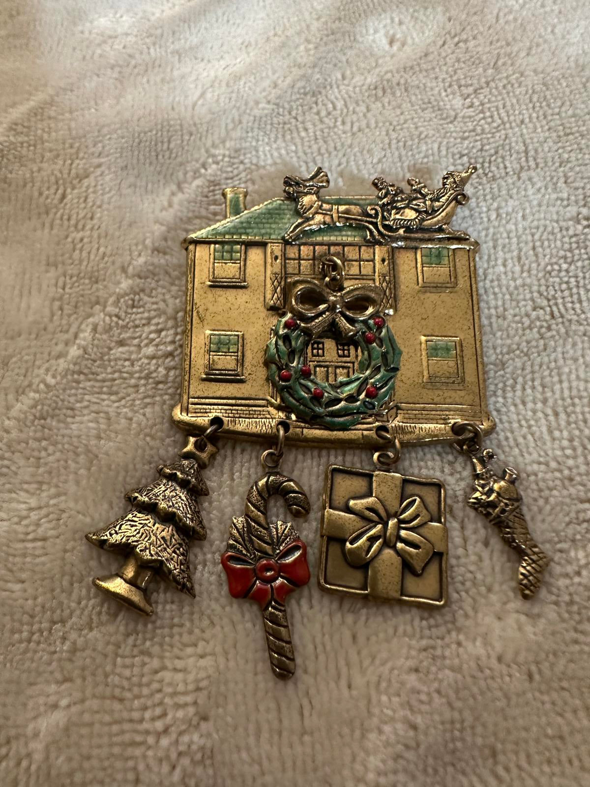1980’s Christmas-themed House Brooch with dangling charms