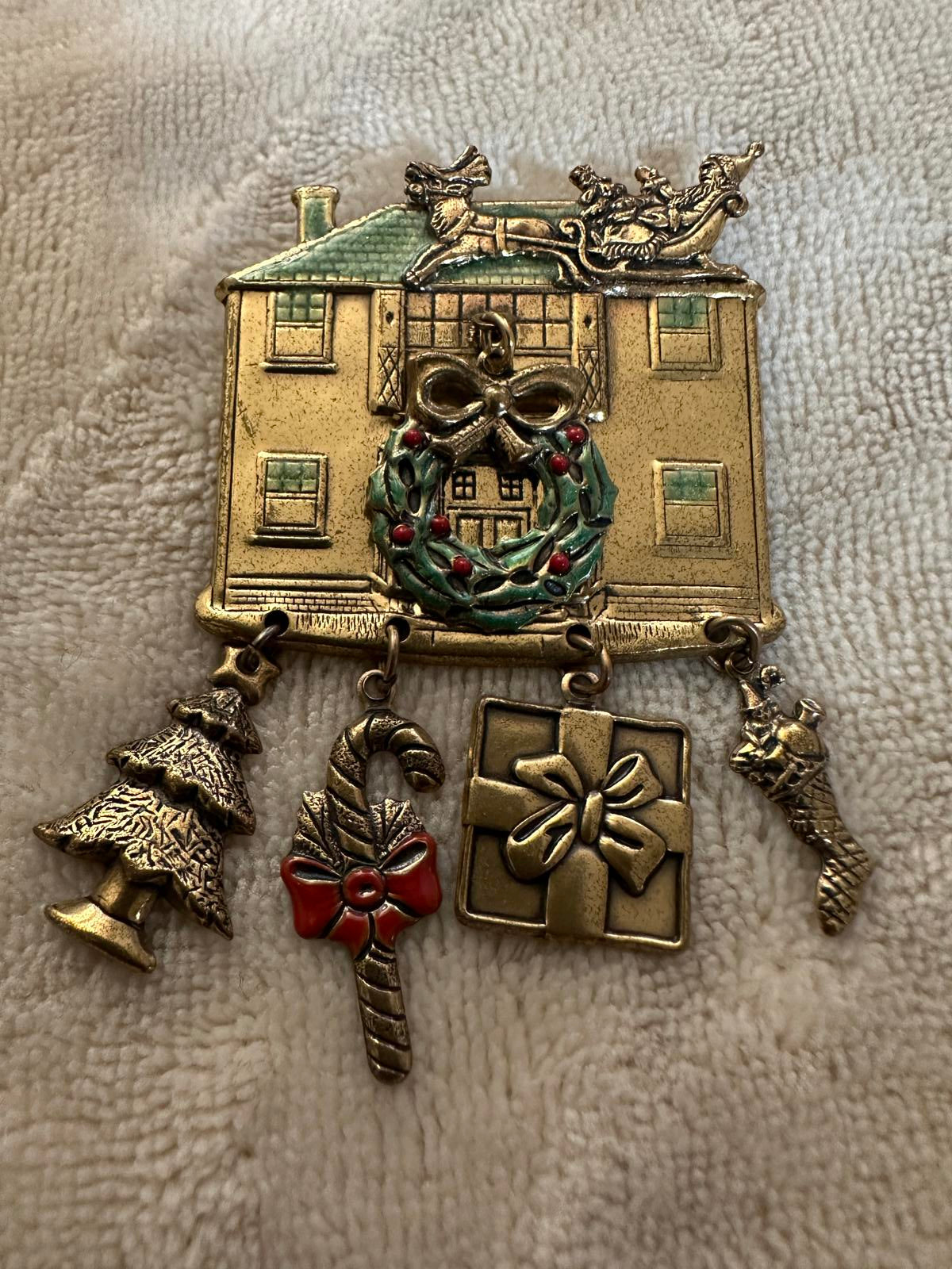 1980’s Christmas-themed House Brooch with dangling charms