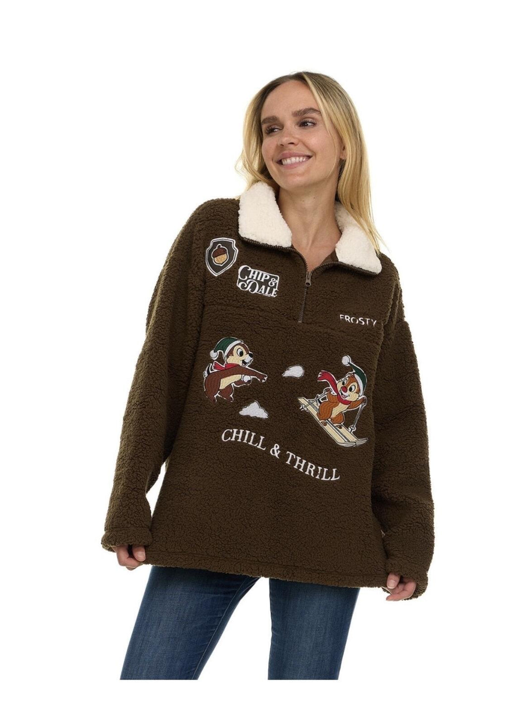 Brown sherpa hoodie with Chip and Dale front graphic, white fleece-lined collar