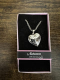 Silver-tone heart locket necklace with engraved “Autumn” and chain