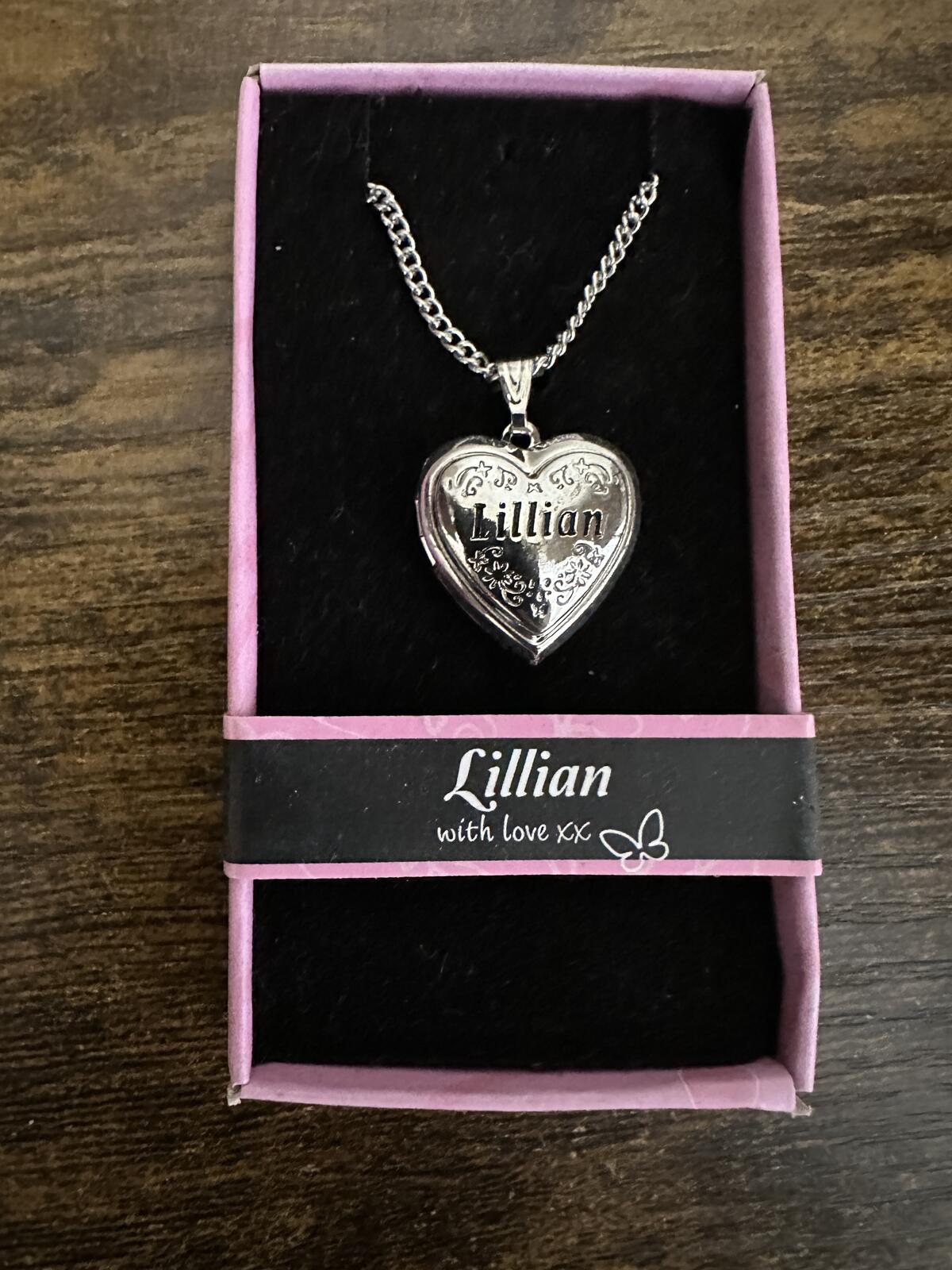 Silver tone heart locket necklace with engraved Lillian name on charm