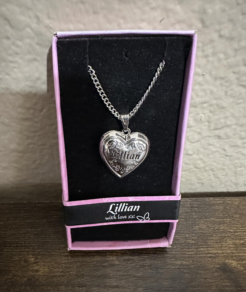 Silver tone heart locket necklace with engraved Lillian name, in gift box