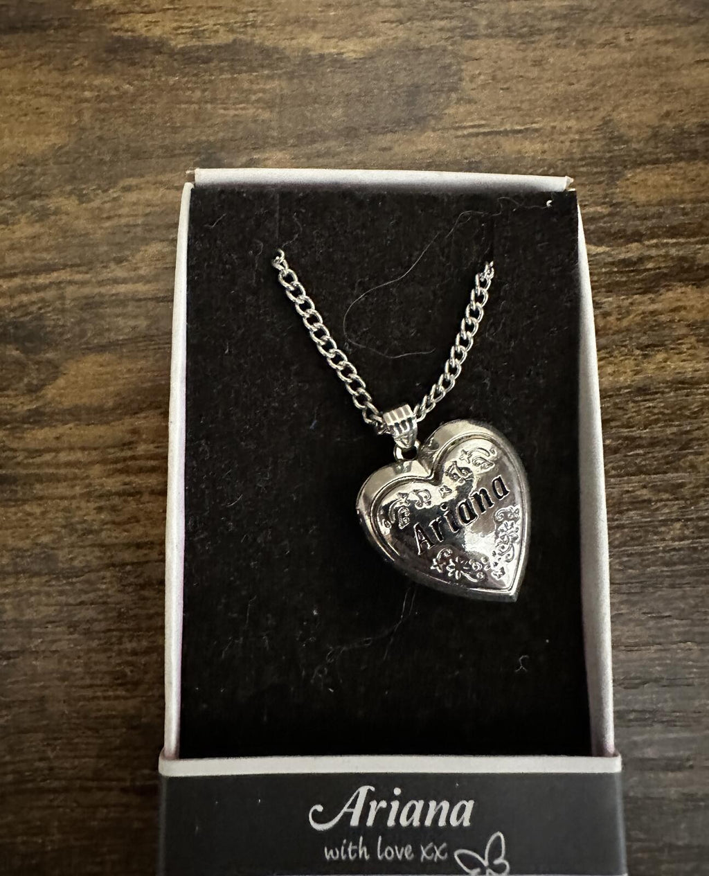 Silver tone Ariana heart locket necklace with engraved front and chain