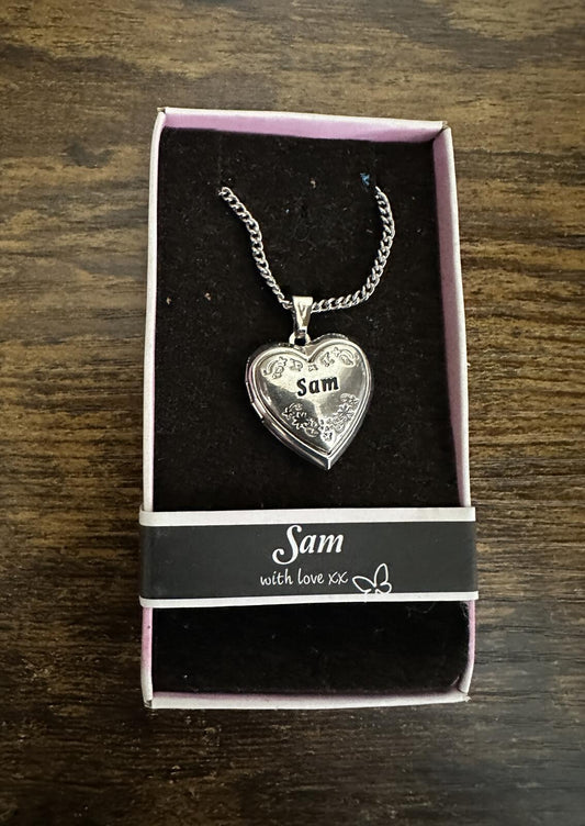 Love Lockets Silver tone Engraved Sam Necklace