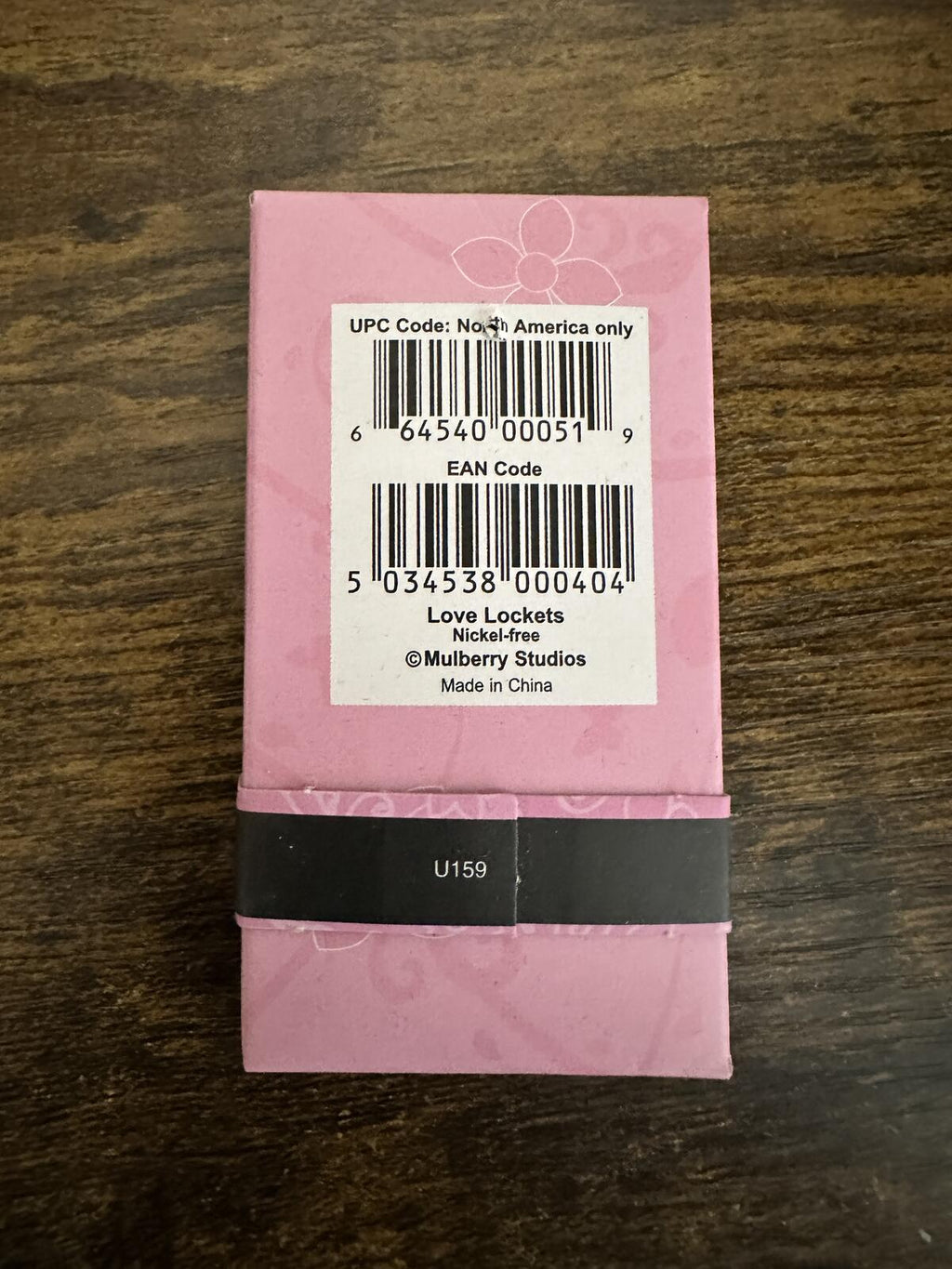 Necklace gift box back label with UPC and EAN codes, Love Lockets