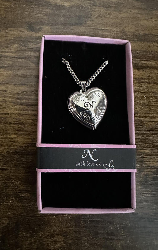 Love Lockets Silver tone Engraved Initial N Necklace