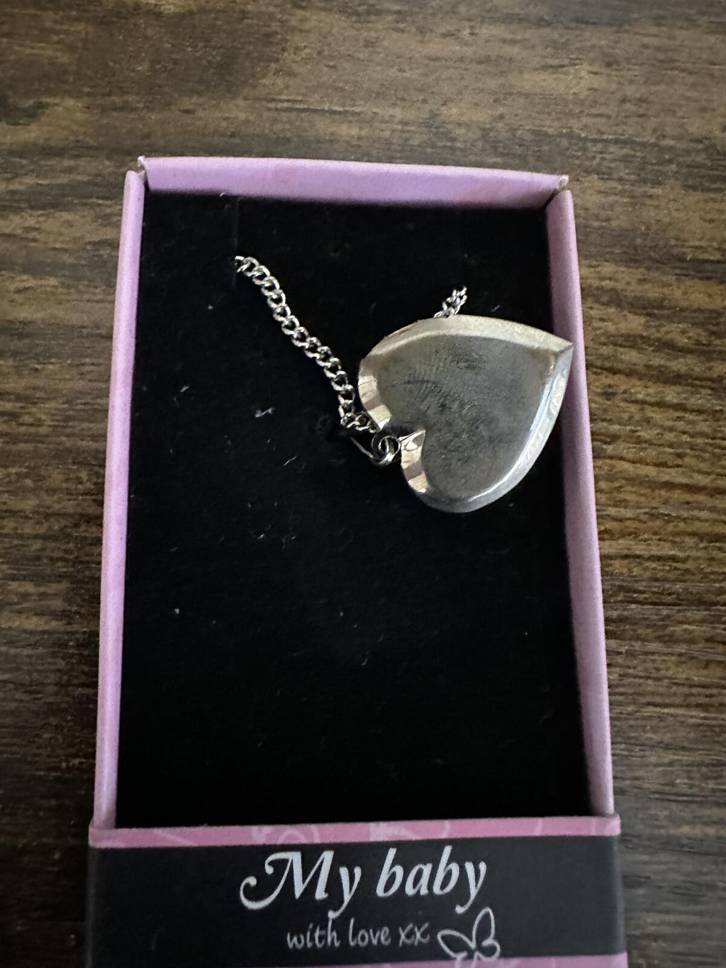 Silver-tone heart locket necklace engraved “My baby” on chain, in box