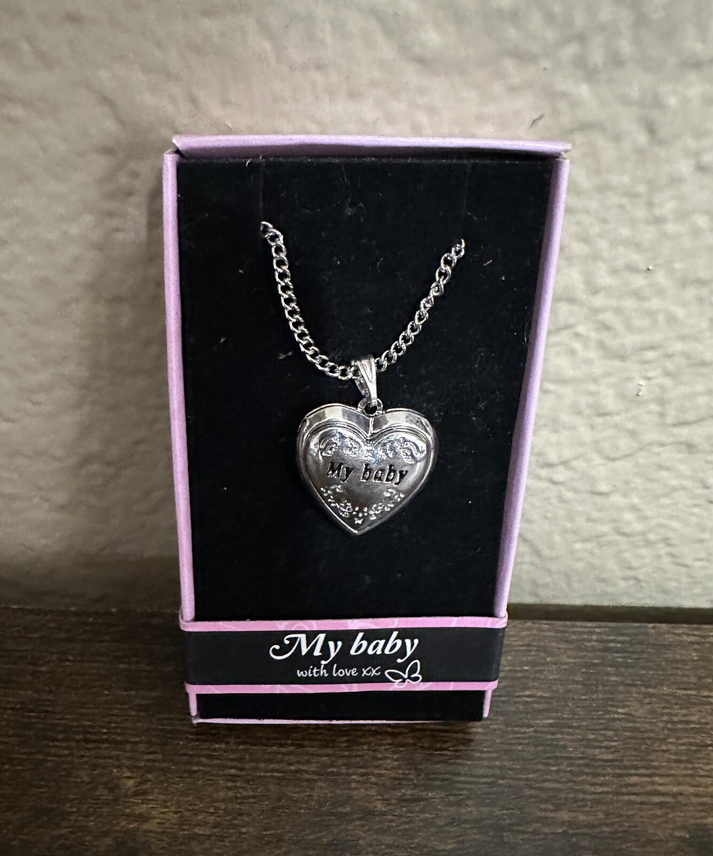 Silver-tone heart locket necklace engraved “My baby” in pink gift box