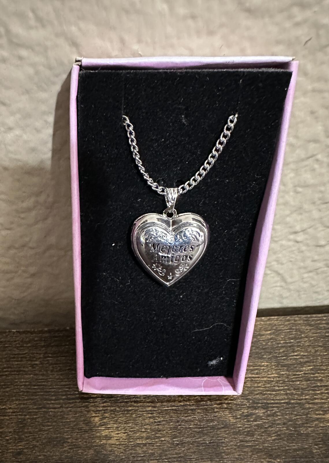 Love Lockets Silver tone Engraved Mejores Amigos Necklace