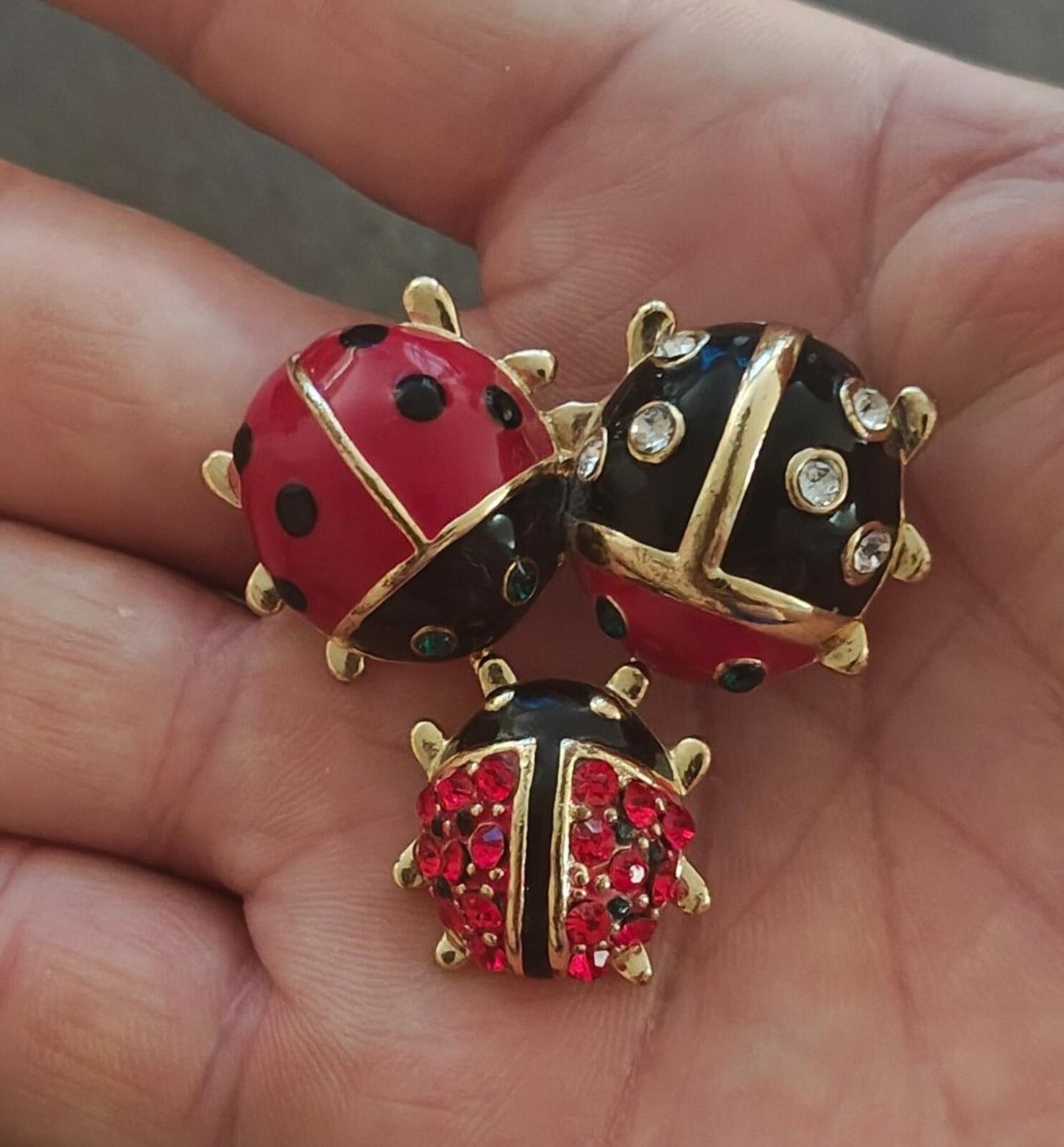 Gold Tone With Black & Red Enamel, Red & Clear Rhinestones Ladybug Trio Brooch