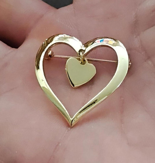 1980s Gold Tone Open Heart With a Smaller Heart Charm Dangle Brooch