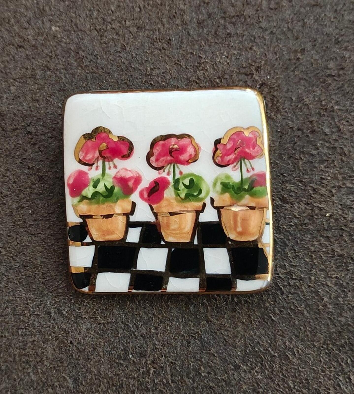 1990s Colorful Glazed Ceramic Flower Brooch