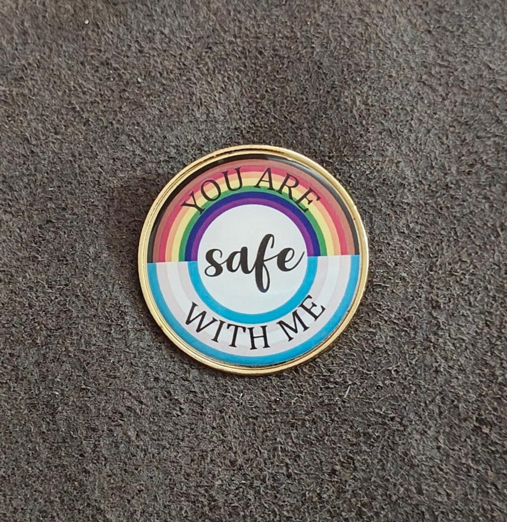 You Are Safe With Me LGBT Rainbow Pride Enamel Gold Tone Pin.