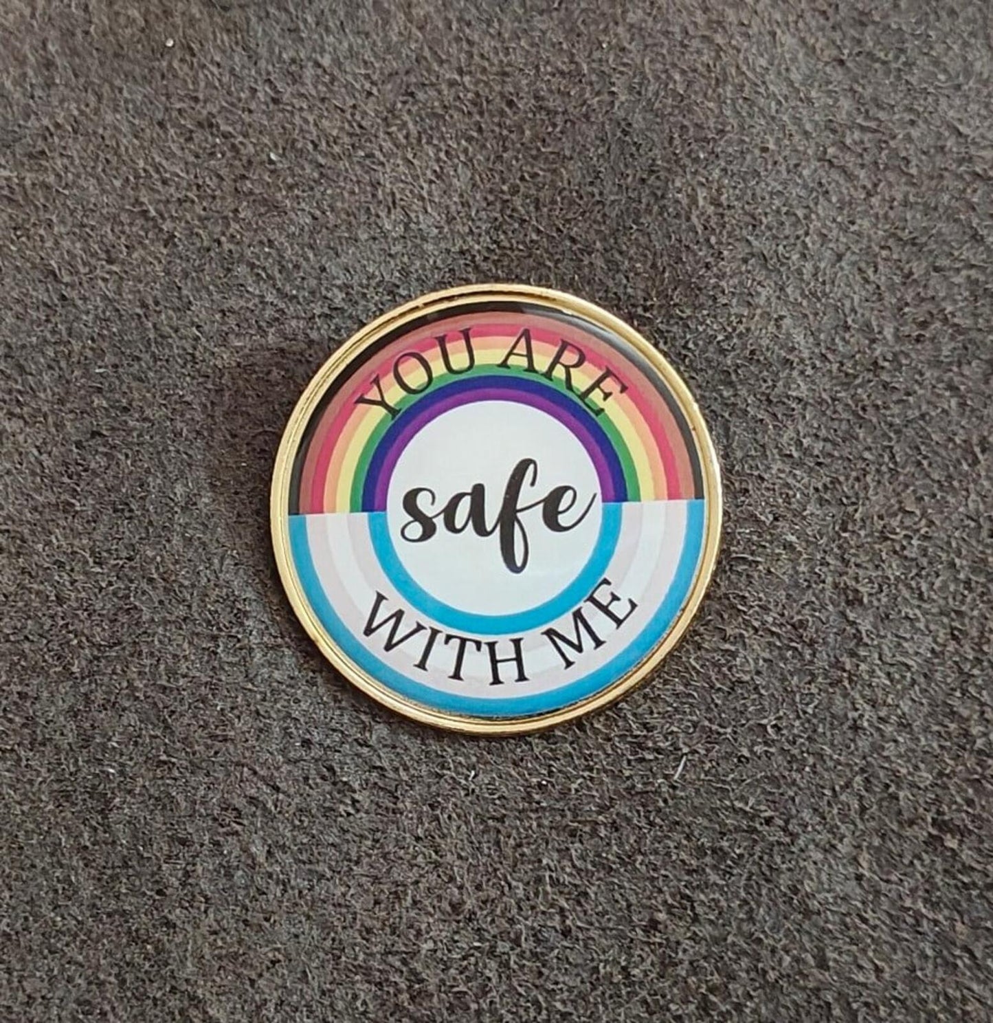 You Are Safe With Me LGBT Rainbow Pride Enamel Gold Tone Pin.
