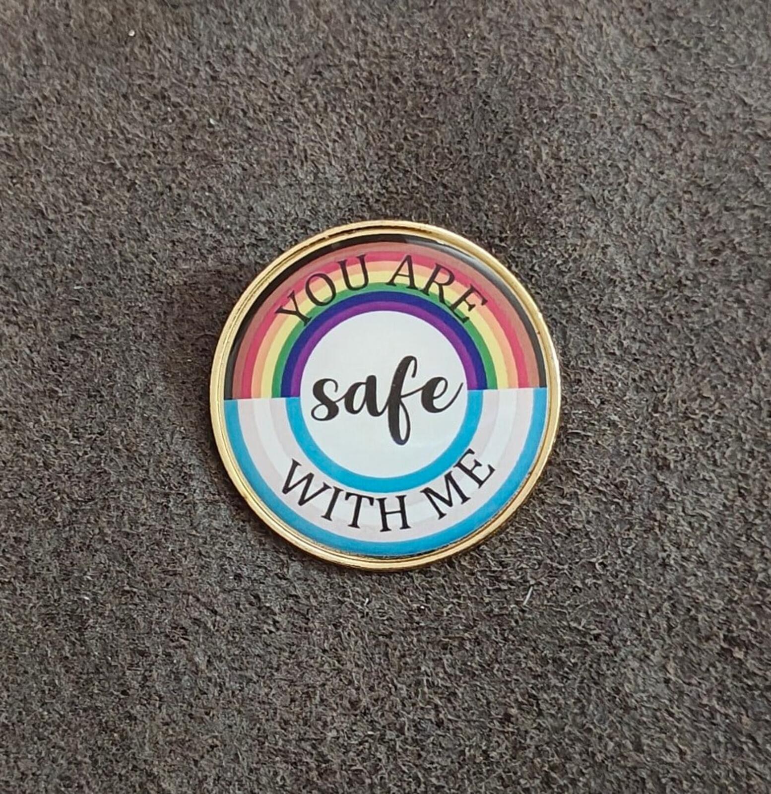 You Are Safe With Me LGBT Rainbow Pride Enamel Gold Tone Pin.