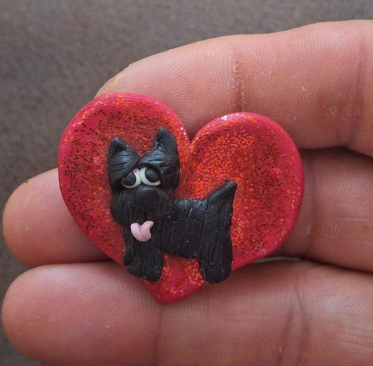 Glittery Red Heart With Black Scotty Dog With Pink Tongue Sticking Out Pin