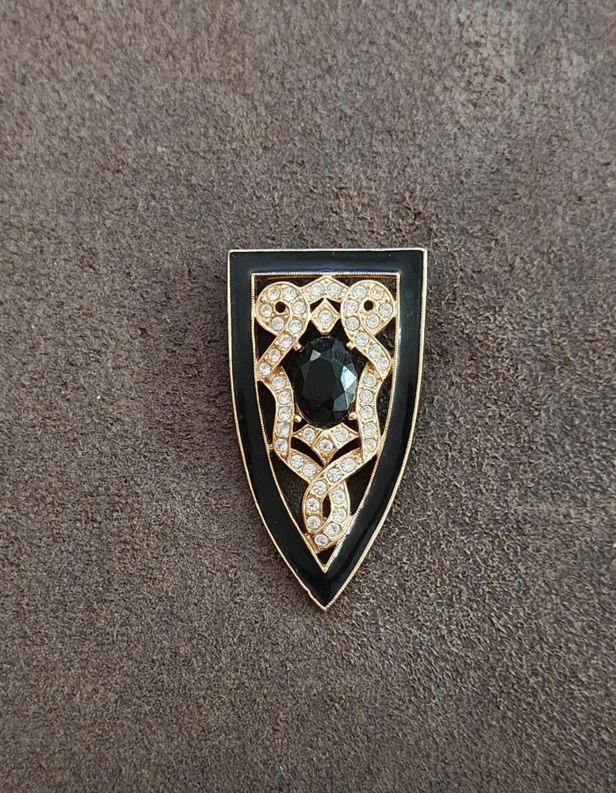 80s Gold Tone Art Deco Enamel Rhinestones & Black Stone 1928 Jewerly Co. Brooch