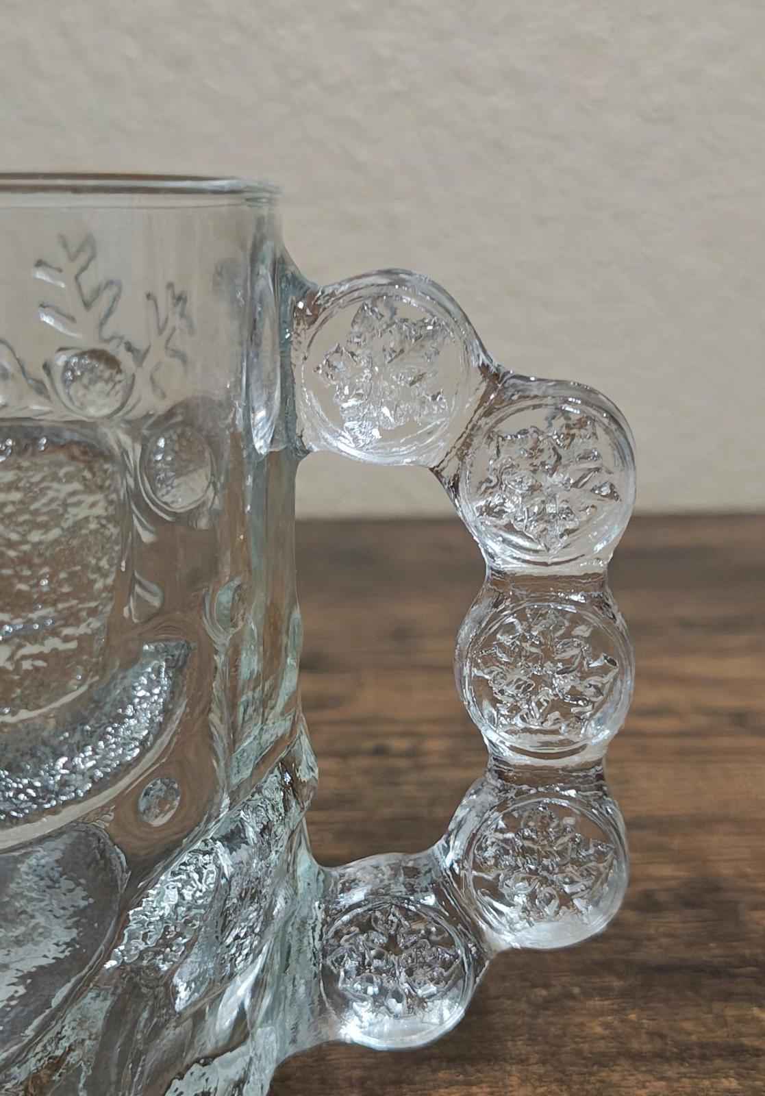 1980s Luminarc Snowman With Snowflakes 3D Embossed Clear Glass Mug