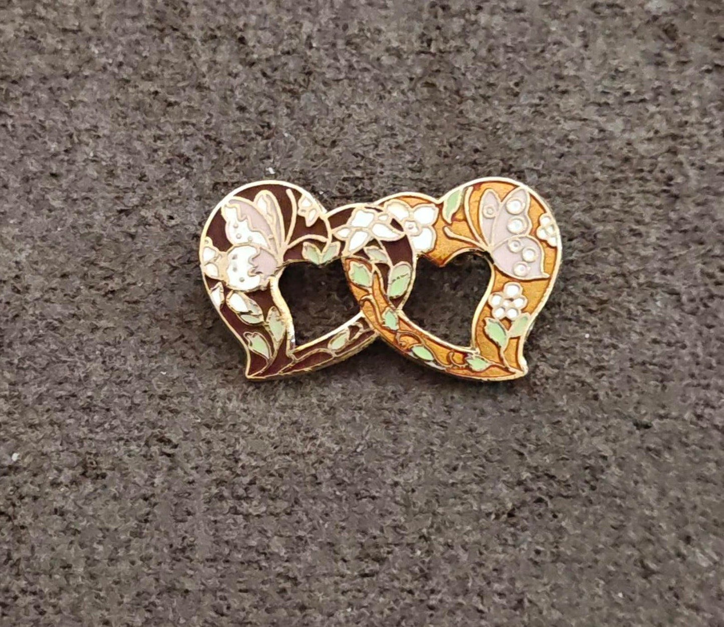 1980s Vintage Two Hearts With Butterflies Gold Tone Brooch Pin