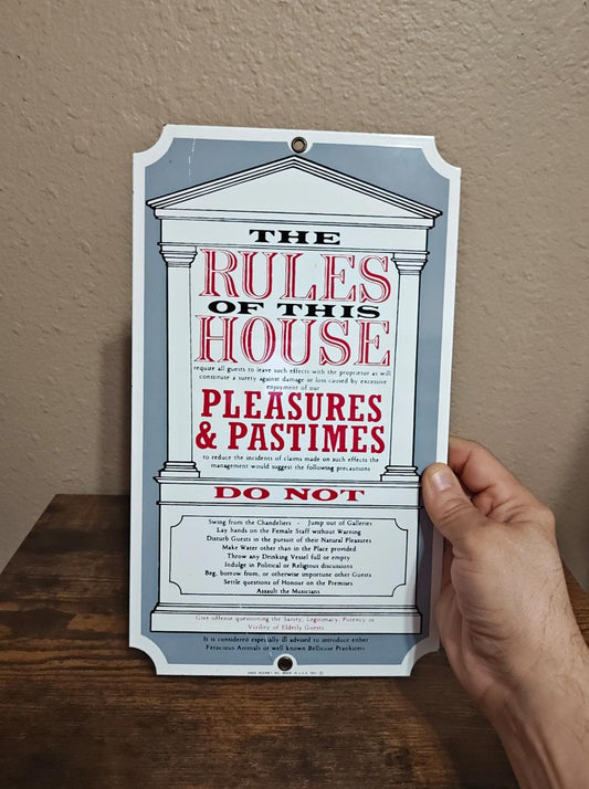 1991 Ande Rooney "The Rules of This House" Porcelain Enamel Metal Sign