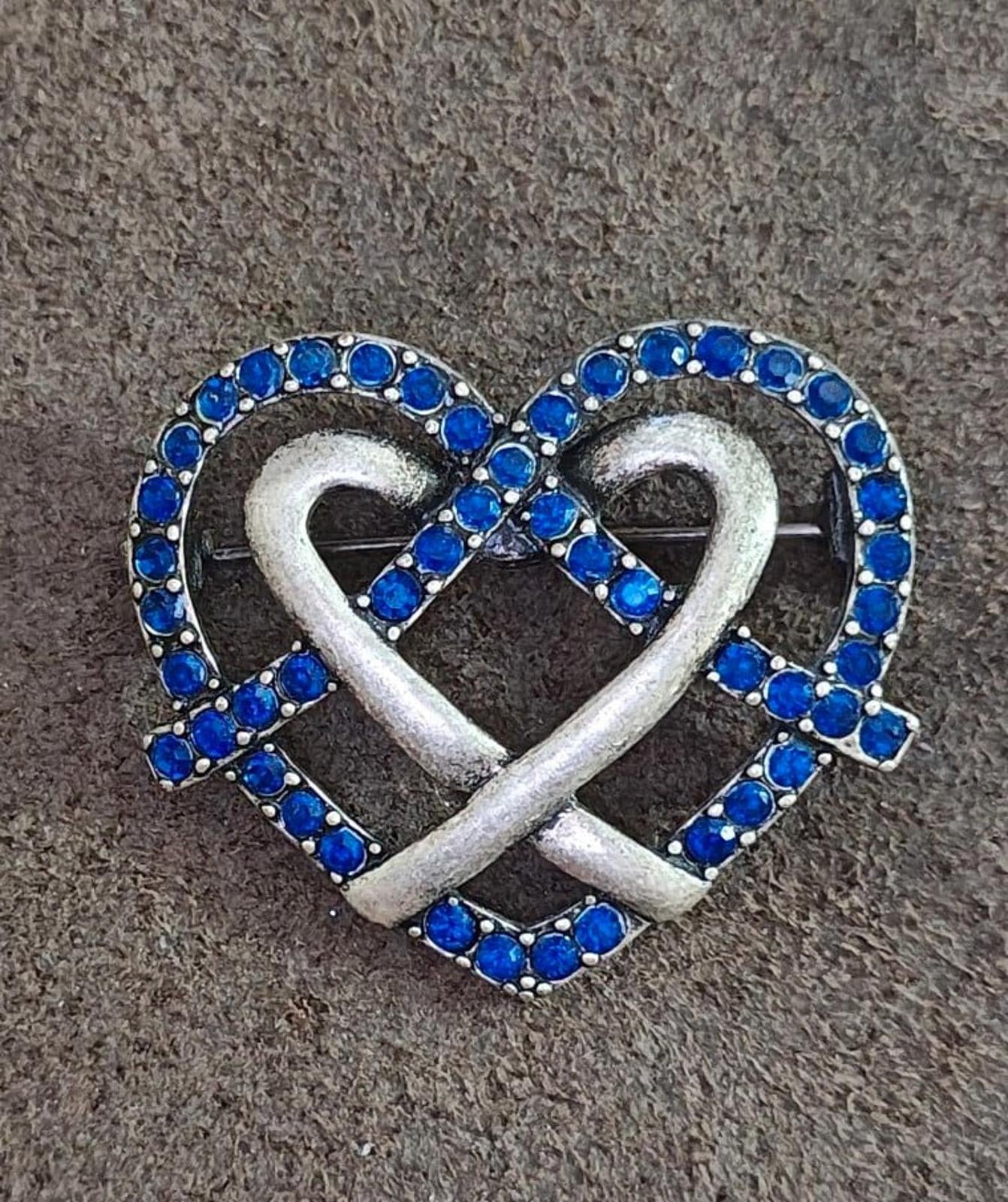 1980's Ornate Heart With Blue Rhinestones Pewter Brooch Pin