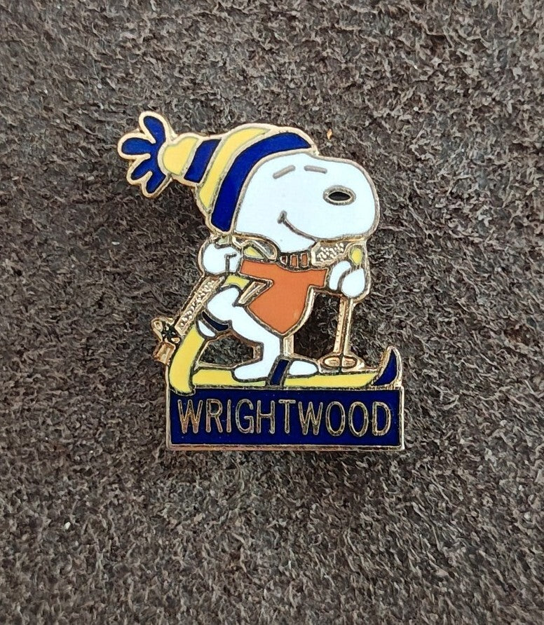 1970s Peanuts Snoopy Skiing Wrightwood  Cloisonné Gold Tone Enamel Pin