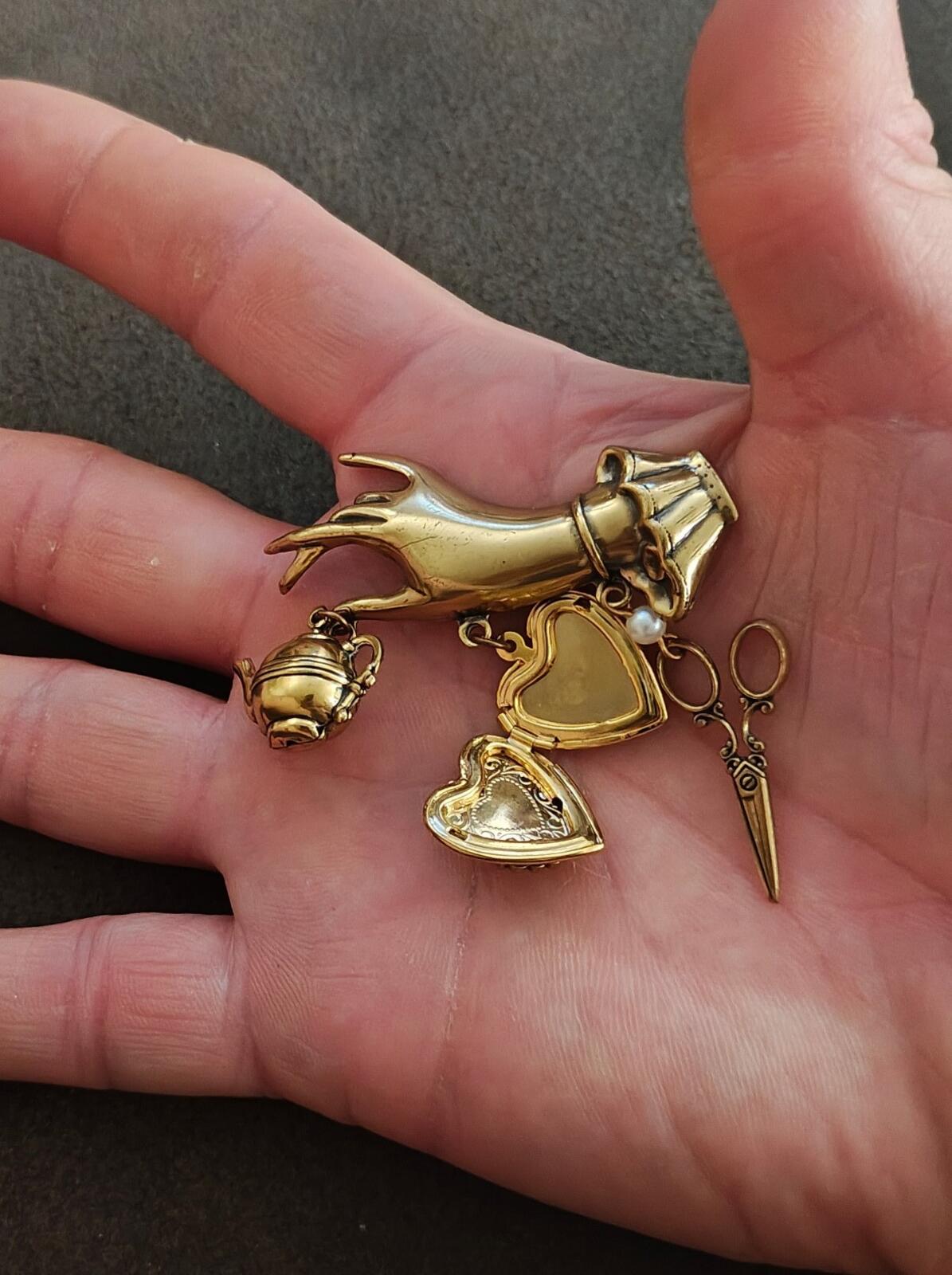 1980s/90s Victorian Style Chatelaine Inspired  Gold Tone Charm Dangle Brooch