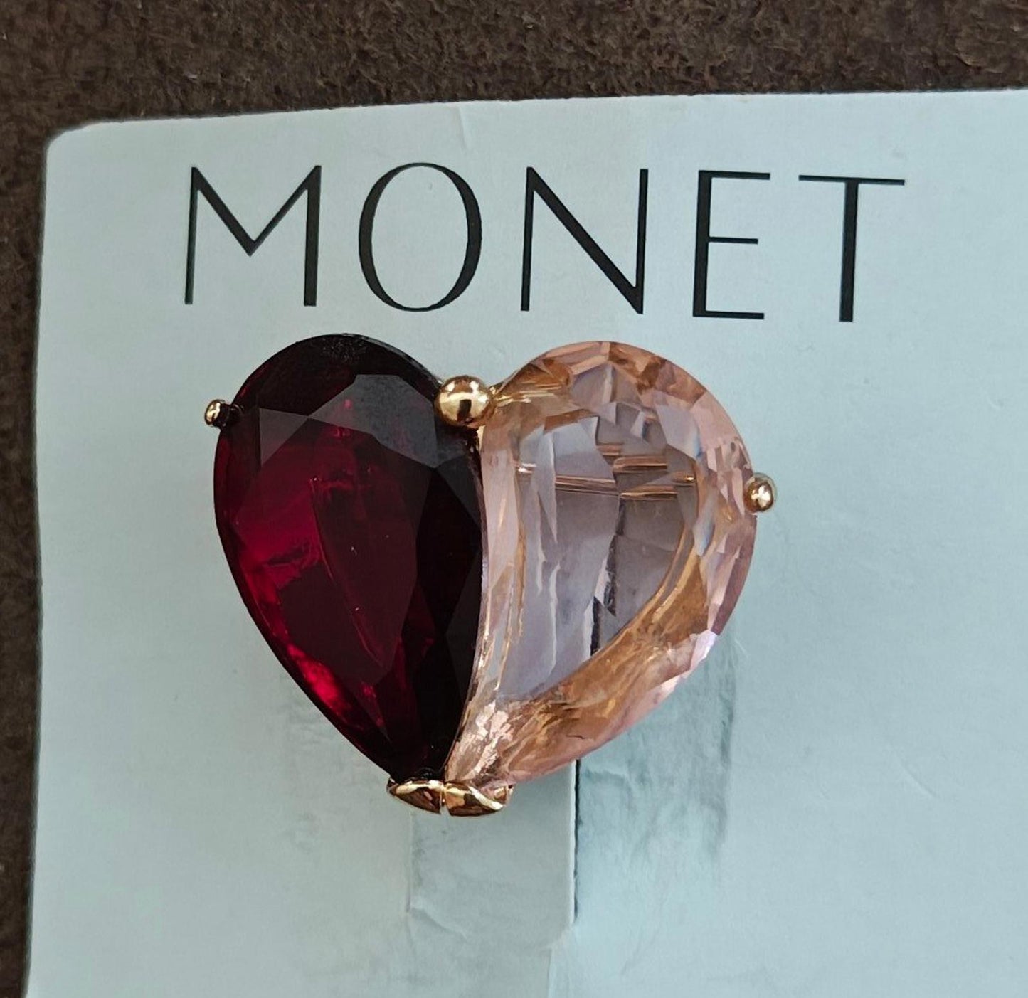 1980's Monet Diamond Cut Red & Pink Heart Shaped Stones Brooch Pin