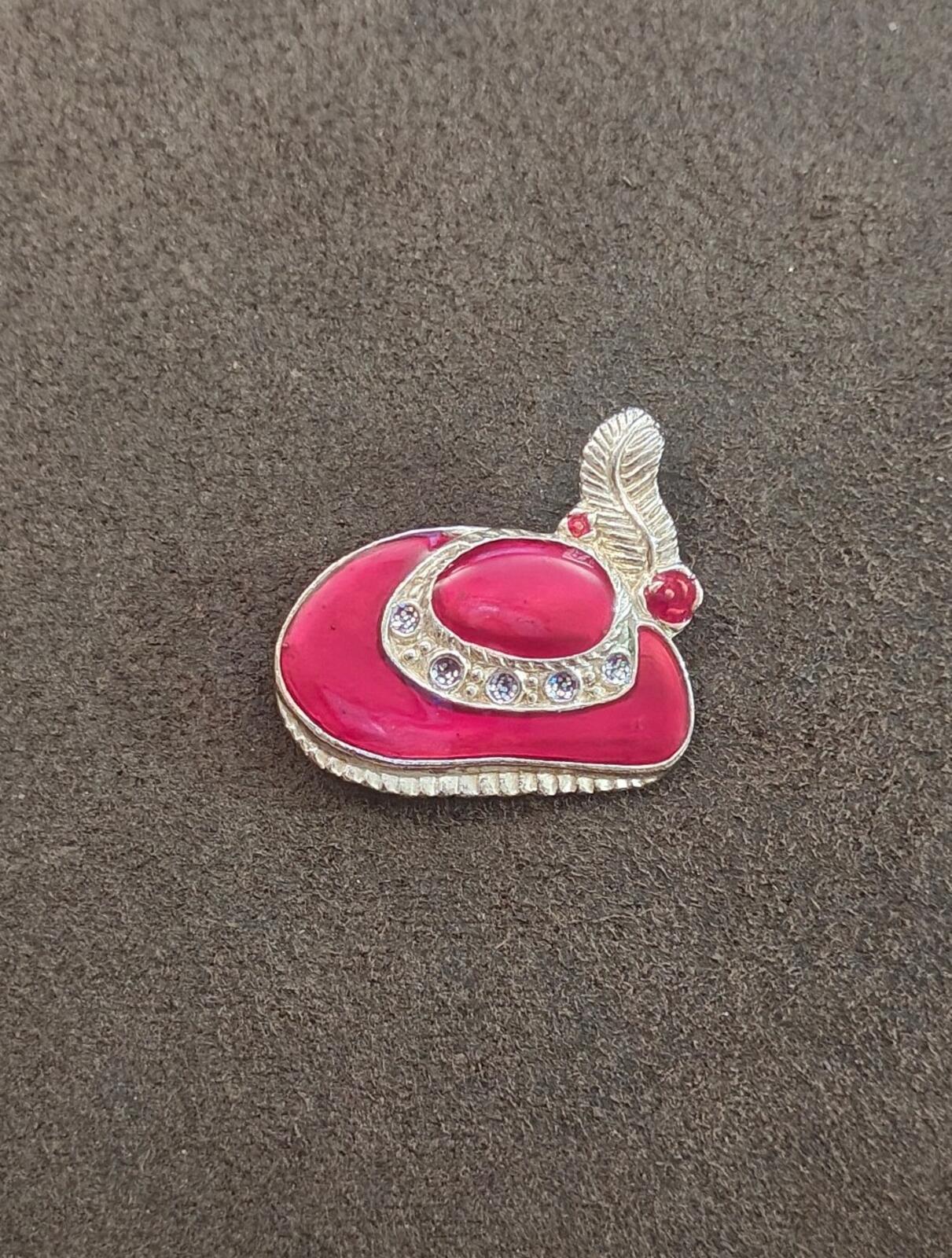 1990s Red Hat Society Silver Tone With Red Enamel & Glitter Accents Brooch
