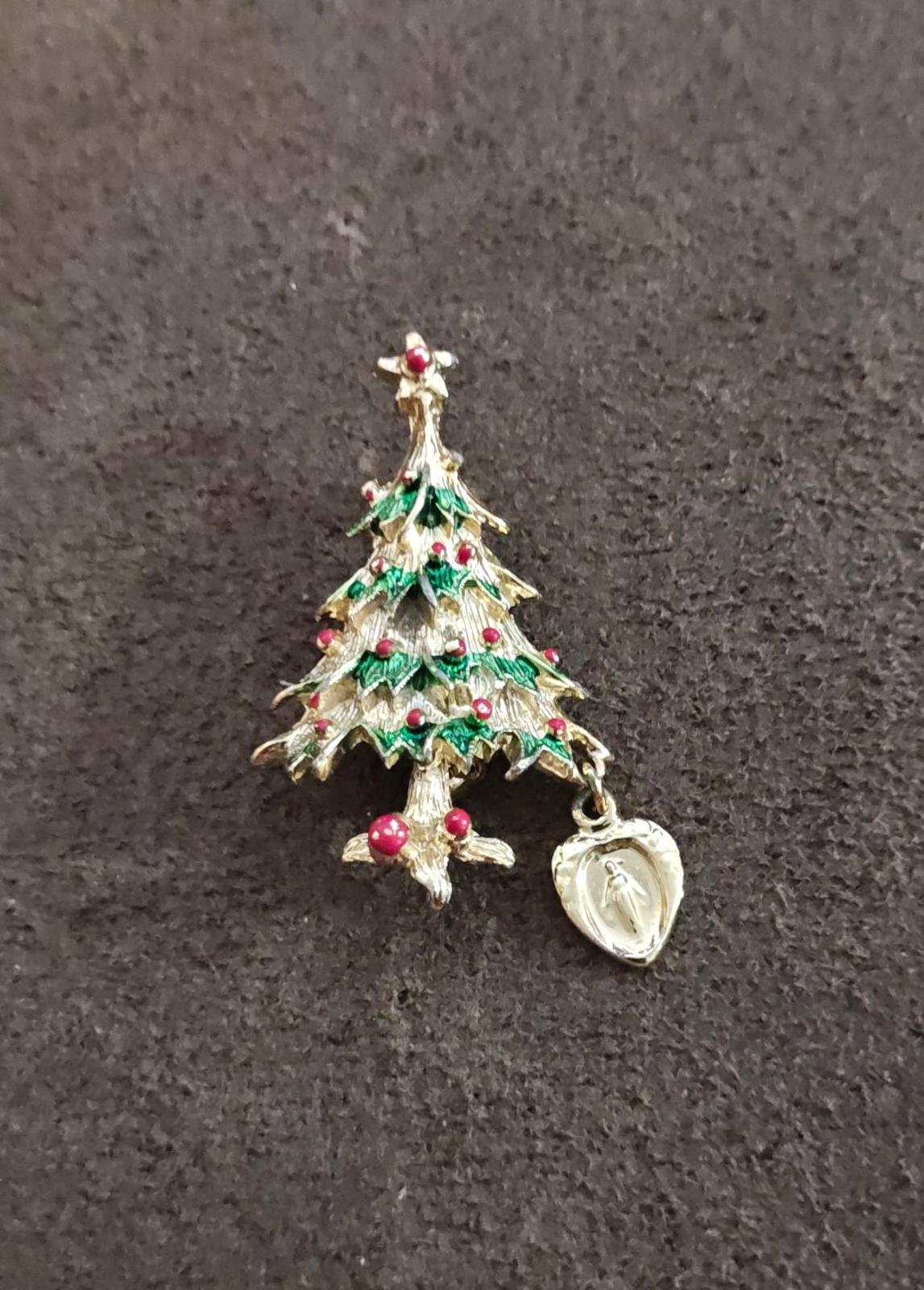 1960s Christmas Tree Brooch Featuring a Dangling Miraculous Medal Charm