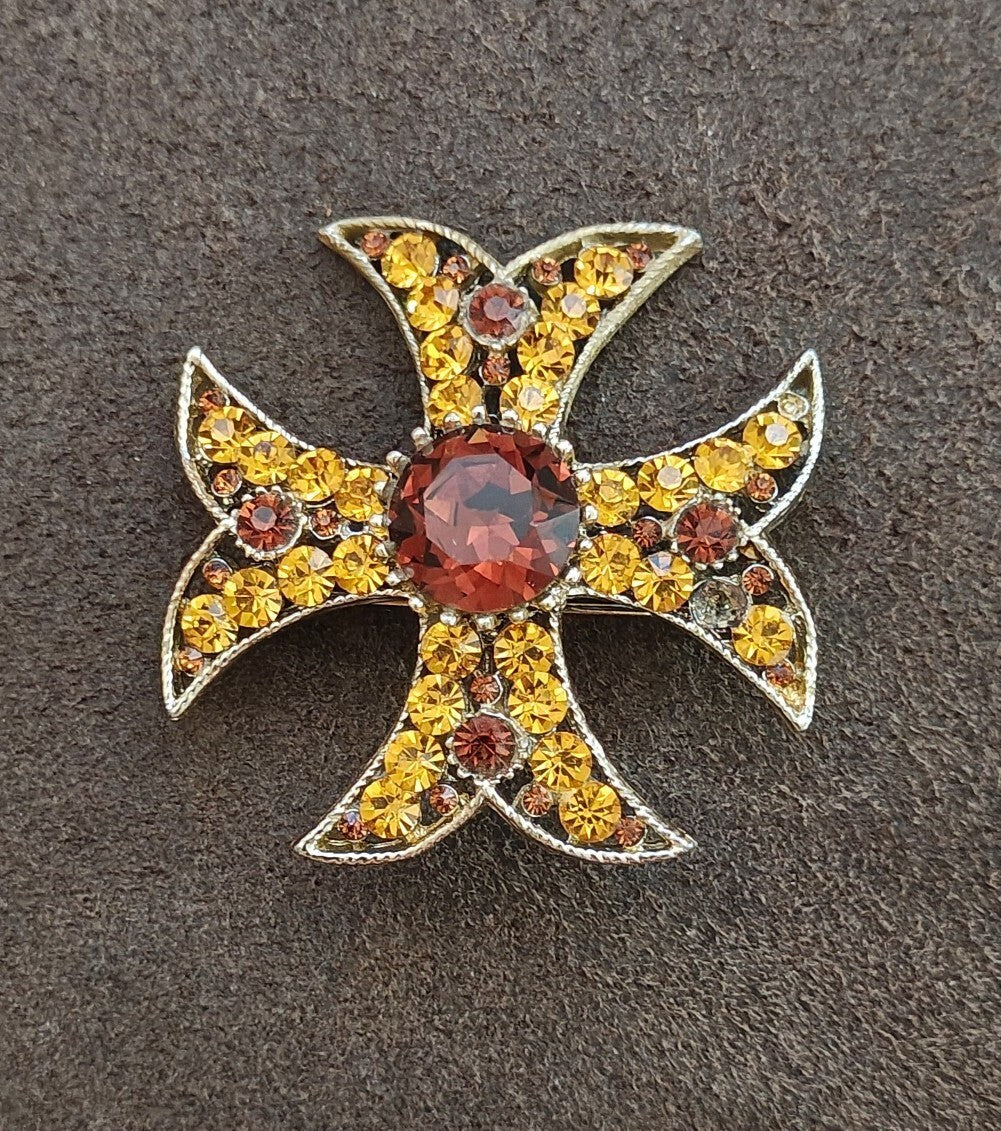 1950s/60s Gold Tone Maltese Cross Brooch & Pendant With Amber Rhinestones.