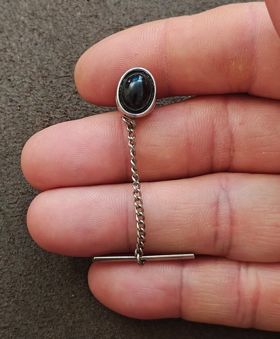 1950s/60s Swank Silver Tone Tie Tack/Lapel Pin With An Oval Dark Cabochon