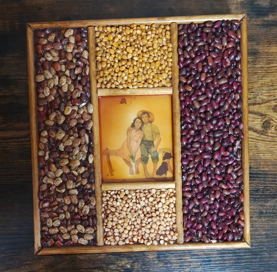 1970s Norman Rockwell Sweet Serenade Print Handmade Seed & Bean Mosaic Shadowbox