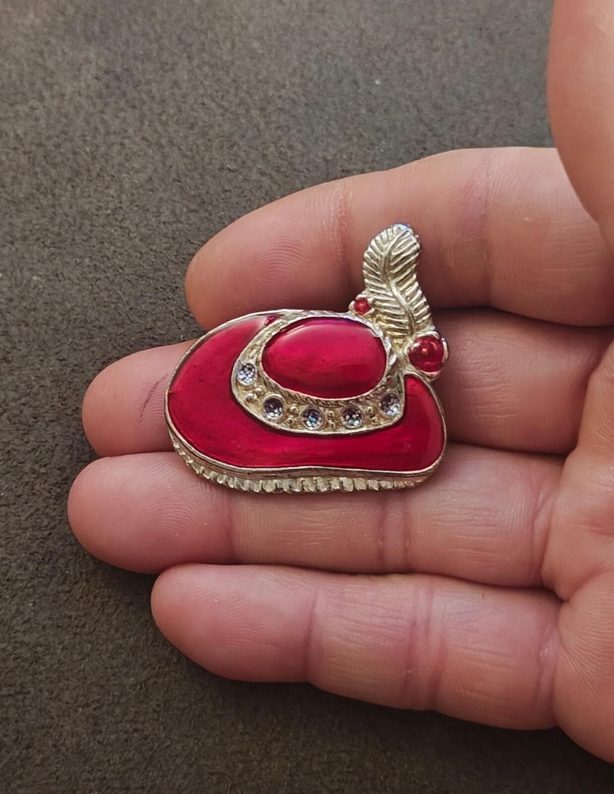 1990s Red Hat Society Silver Tone With Red Enamel & Glitter Accents Brooch