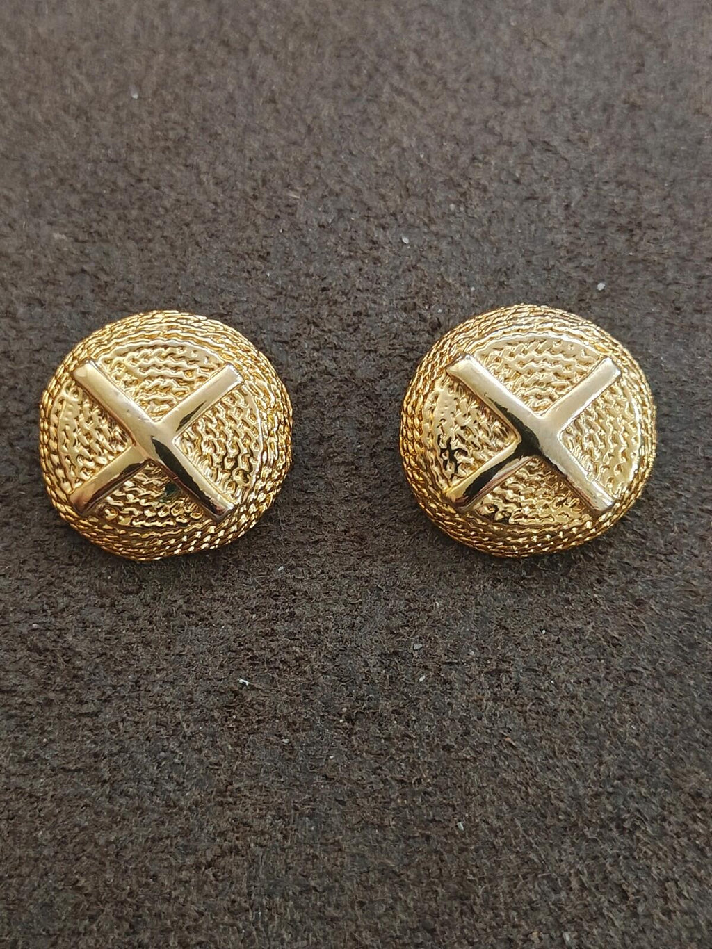 1980s Gold Tone Domed Textured Classic X Design Clip On Earrings