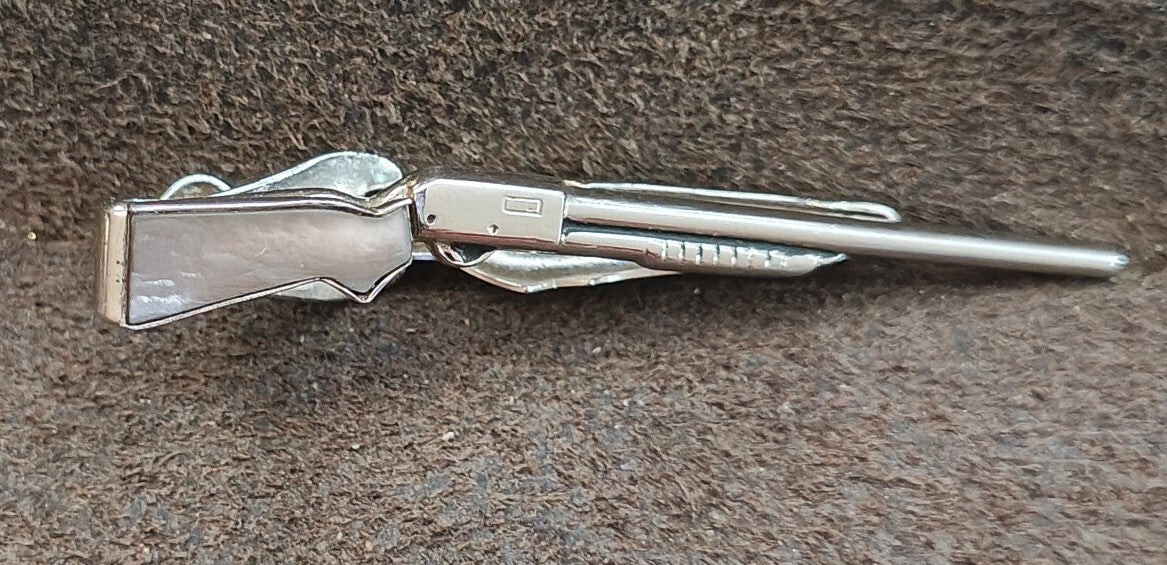 1950s Signed Swank Silver Tone Mother of Pearl Rifle/Shotgun Tie Bar Clip