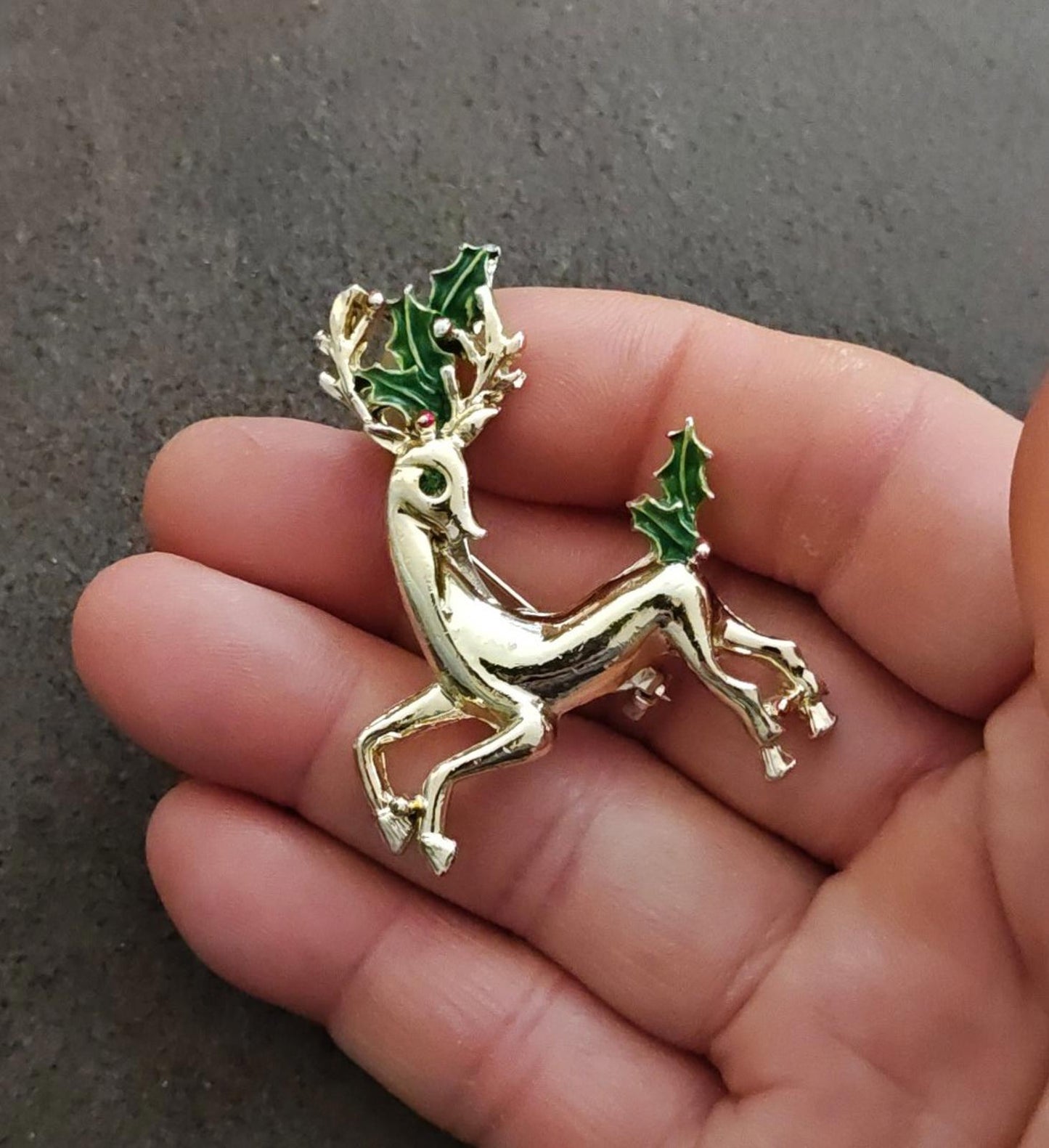 1960s Signed Gerry's Christmas Reindeer Gold Tone Enamel Brooch