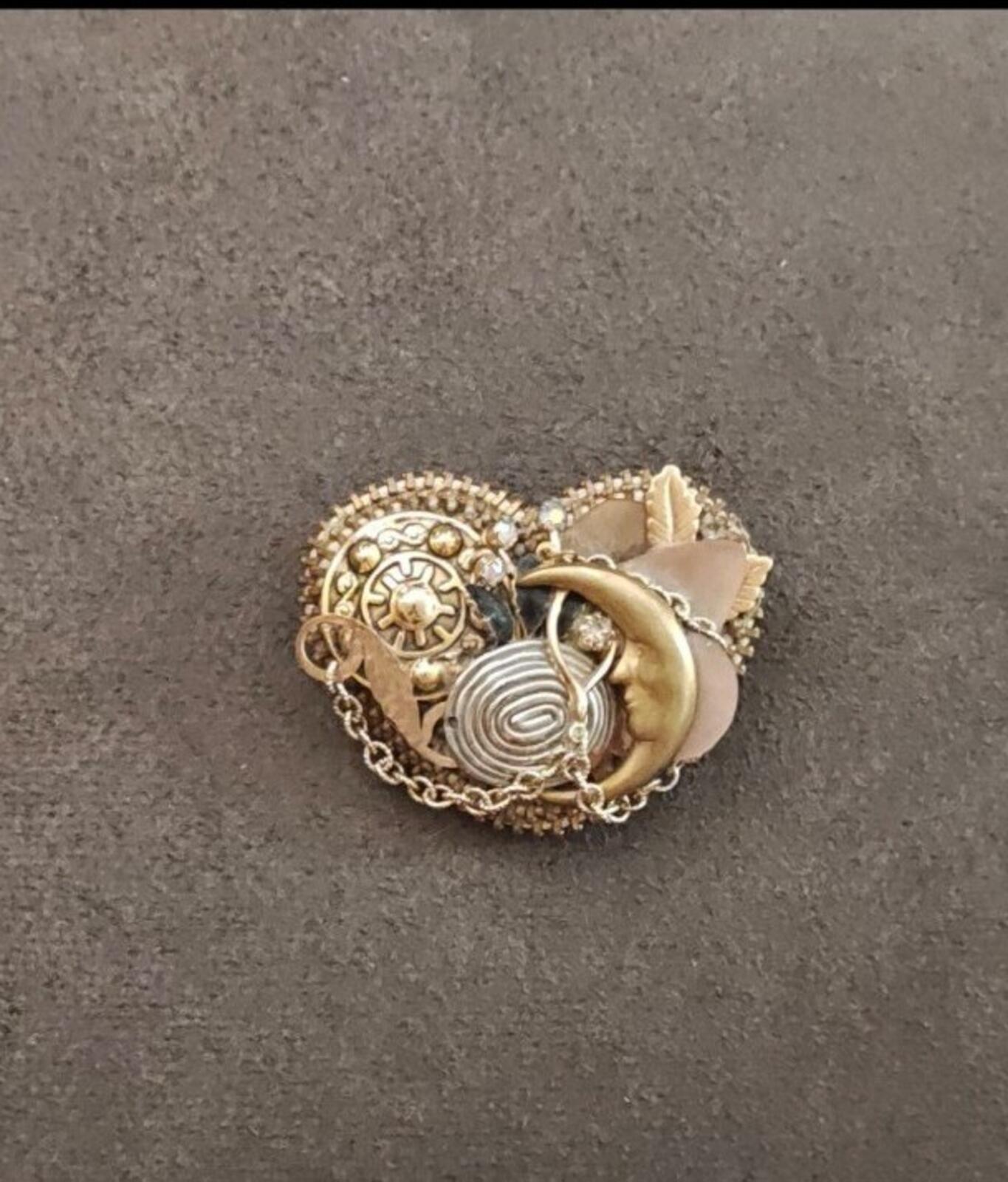 1980s Handmade Collage of Sun Moon Rhinestones Charms Celestial Gold Tone Brooch